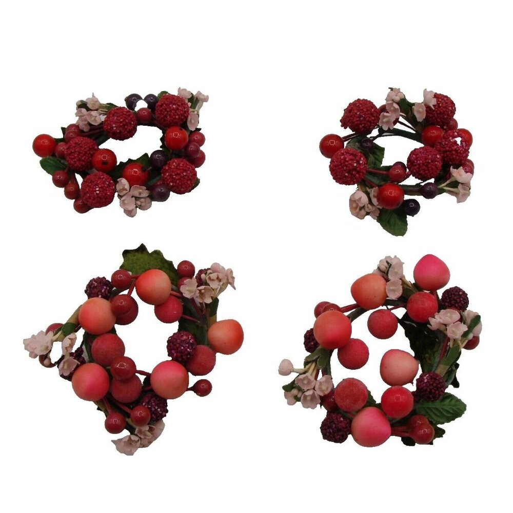Lot 4 Candle Ring Holders 2" Pink Burgundy Berry Decor Christmas Holiday Vintage